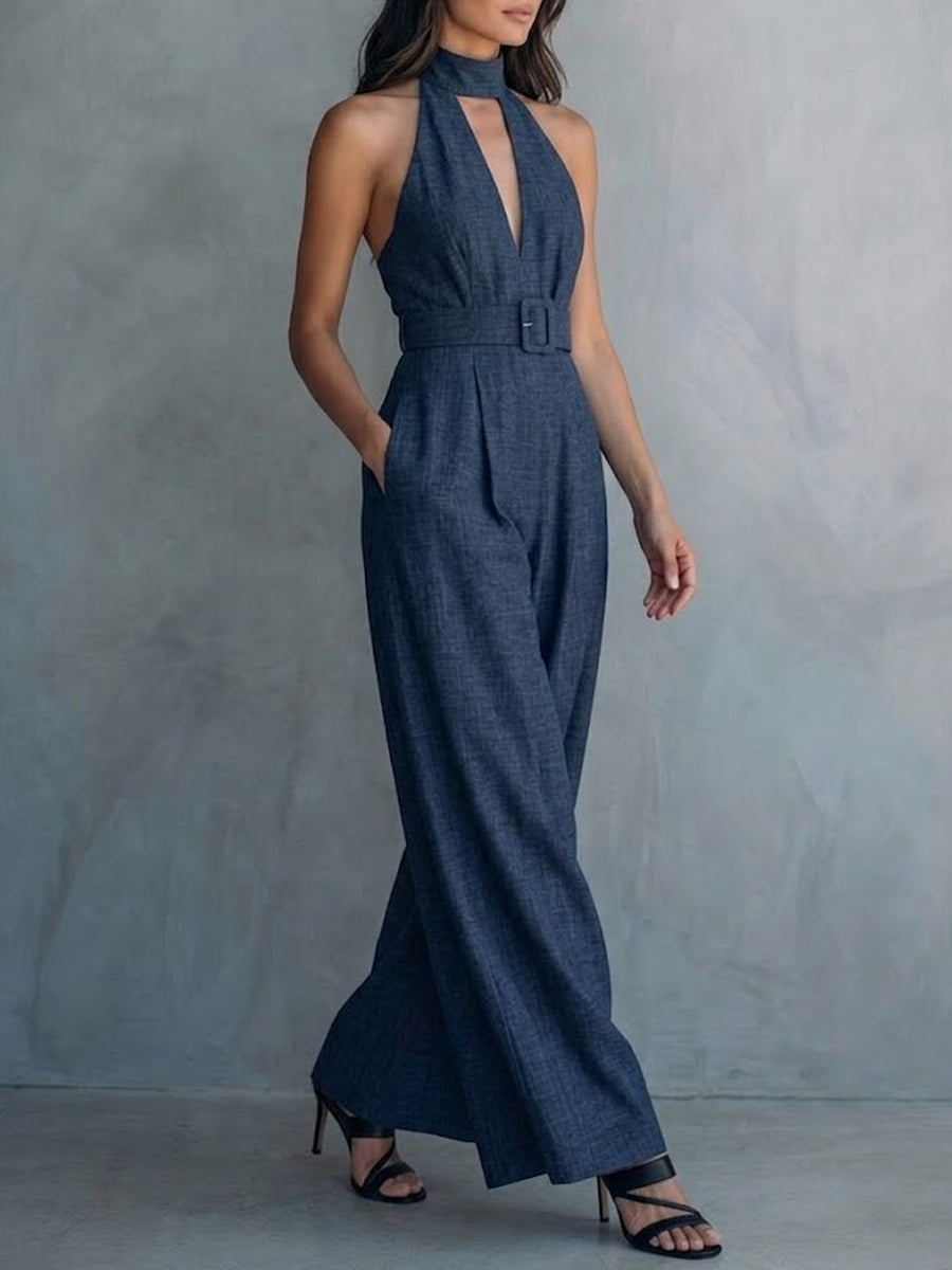 Women's Deep V-neck Cotton And Linen Jumpsuit