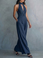 Women's Deep V-neck Cotton And Linen Jumpsuit