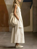 Women's Loose-fit Simple Sleeveless Cotton-linen Round Neck Dress With Pockets
