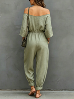 Off-the-shoulder, 3/4-sleeve, Drawstring-waist, Cotton-linen Jumpsuit With Cuffed Ankles