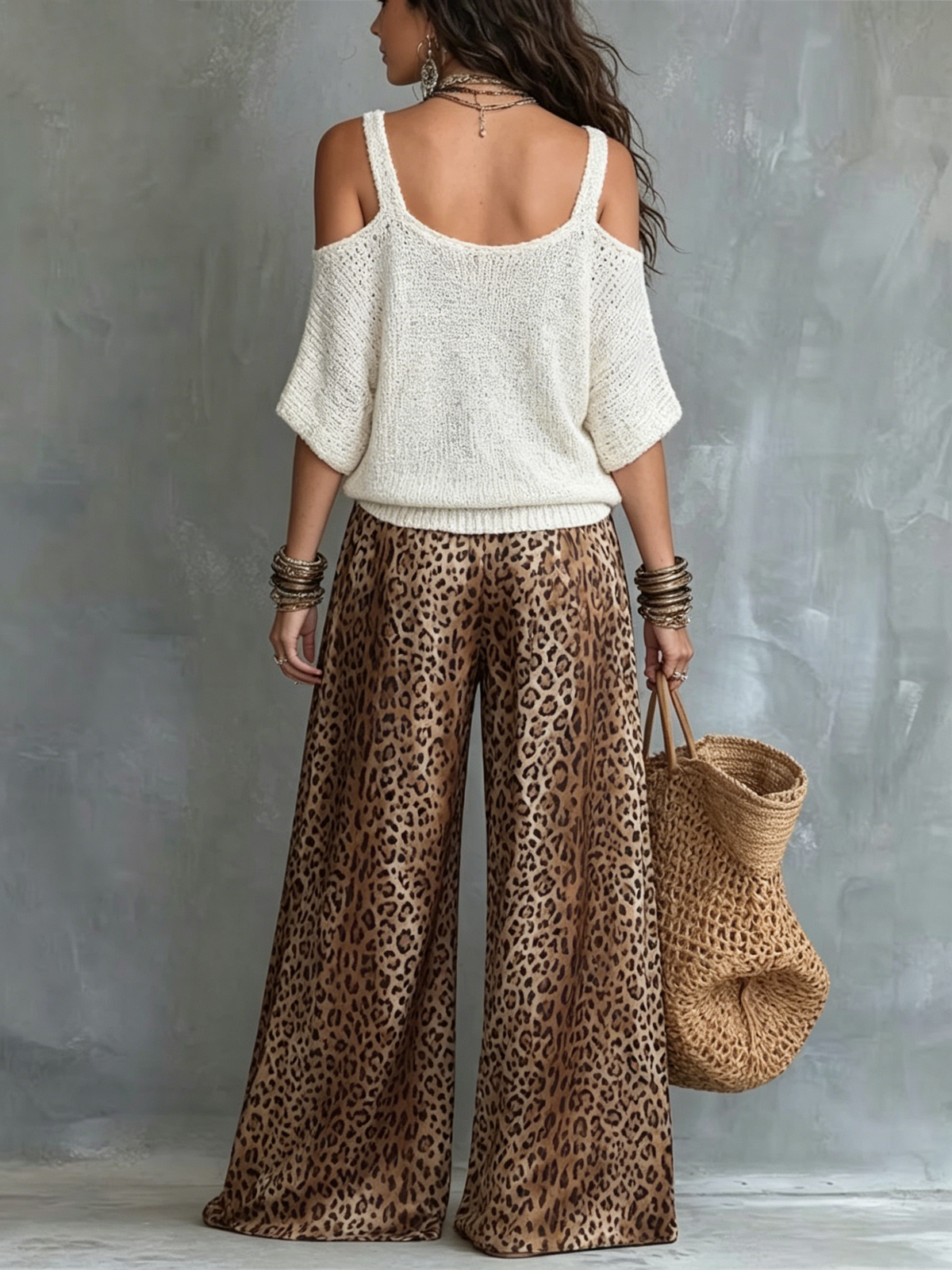 White Cold Shoulder V Neck Knit Top & Vintage Leopard Print Elastic Wide Leg Pants Set