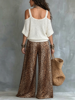 White Cold Shoulder V Neck Knit Top & Vintage Leopard Print Elastic Wide Leg Pants Set