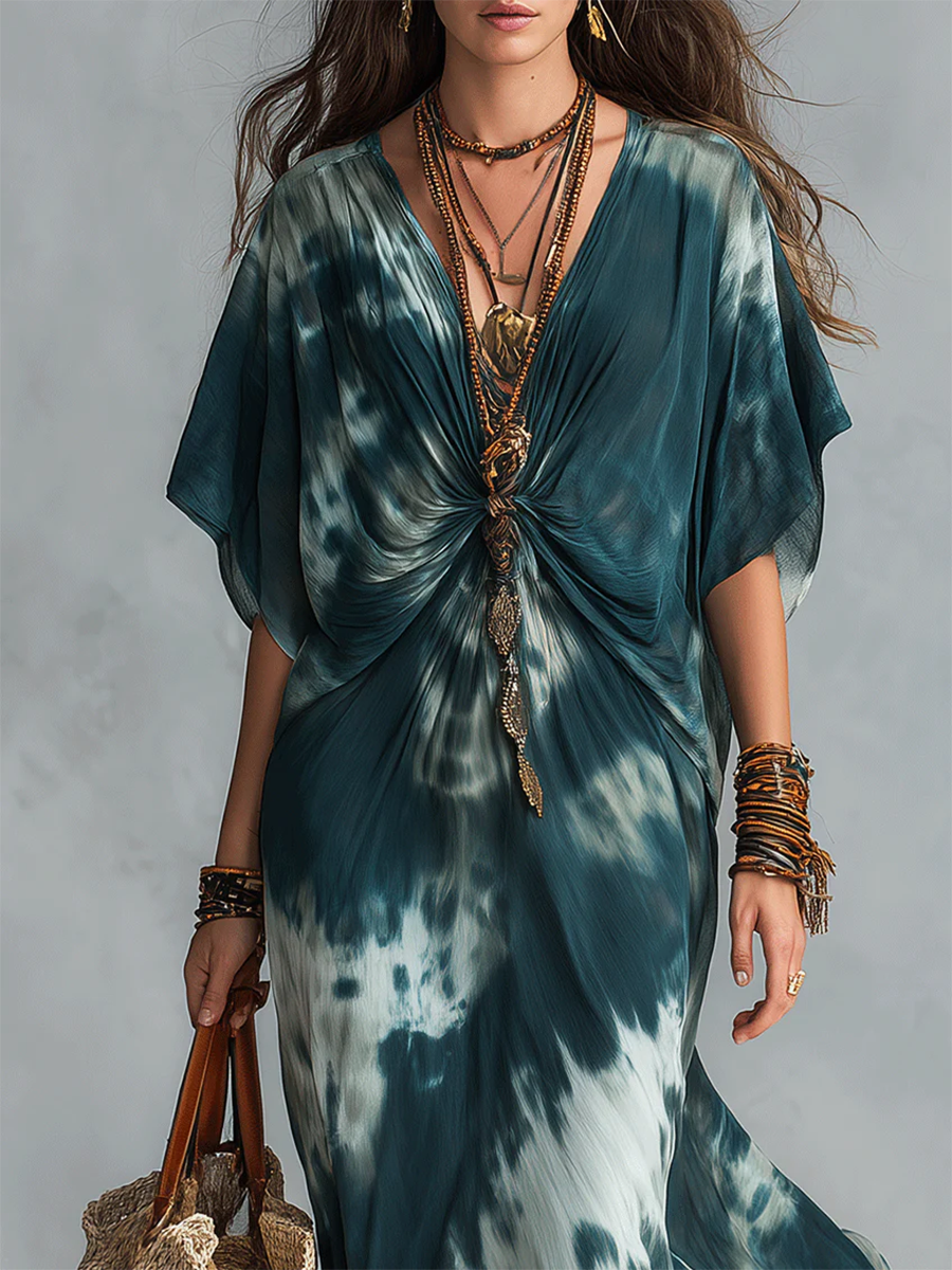 Boho Vacation Chic Sexy Green Tie-dye Dress