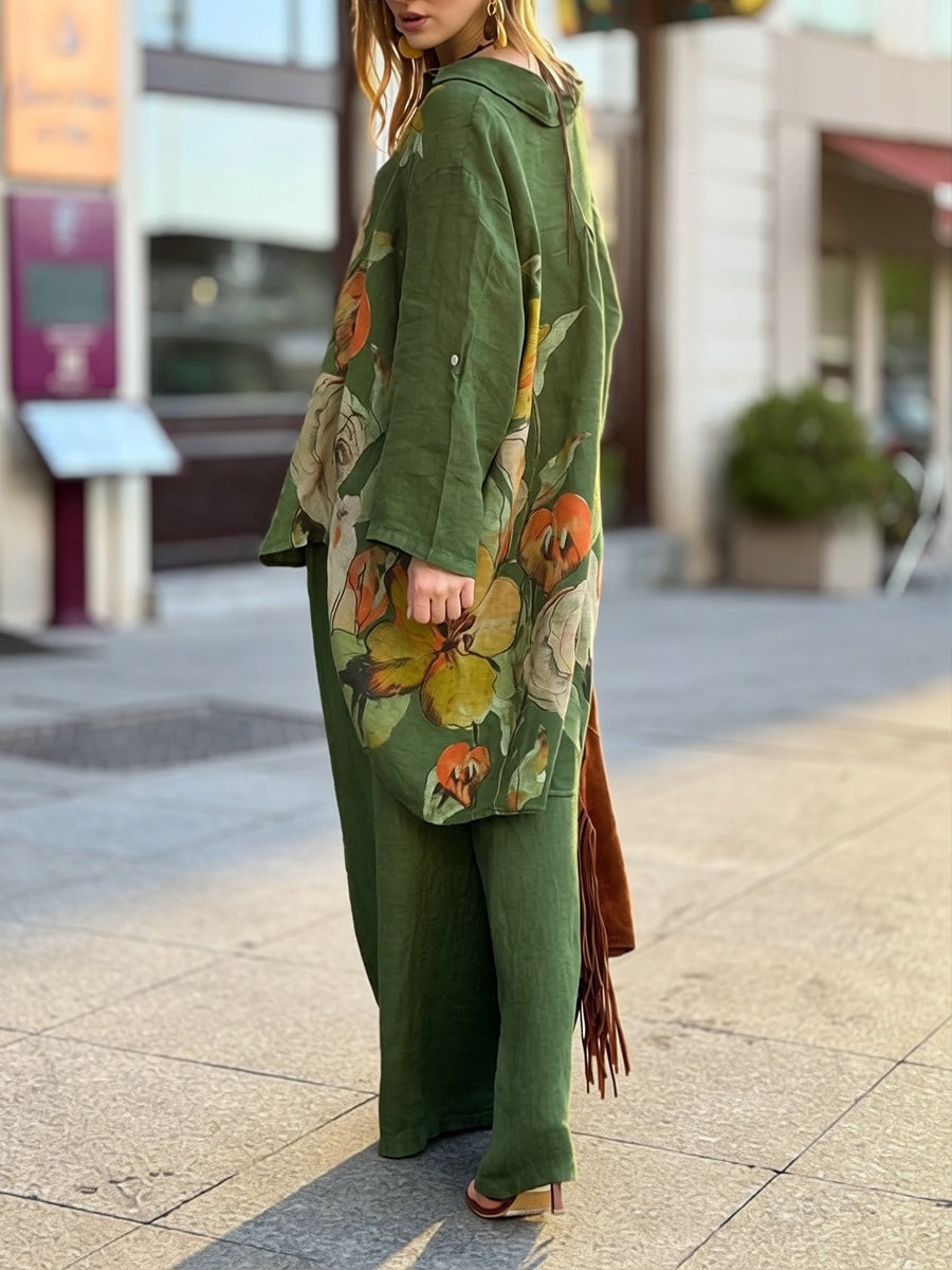 Two-piece Set Featuring A Loose, Casual Printed Linen-cotton Shirt And Solid-colored Trousers.