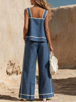Women's Retro Blue Striped Cotton-linen Sleeveless Top And Pants Set