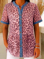 Women's Leopard Print Stand-collar Short-sleeve Casual Loose Denim Cardigan With Chiffon Paneling
