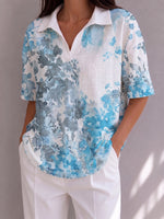 Artistic Watercolor-effect Floral Print Polo Collar Cotton-linen Shirt Top
