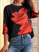 Women's Casual Loose-fit Cotton Top With Placement Print Crew Neck And 3/4 Sleeves