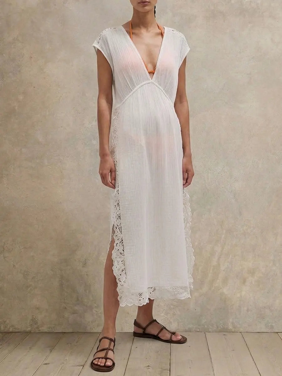 Women White Crinkled V Neck Cap Sleeve Midi Cover Up Dress, Lace Trim Side Split Beach Swimwear Kaftan for Vacation