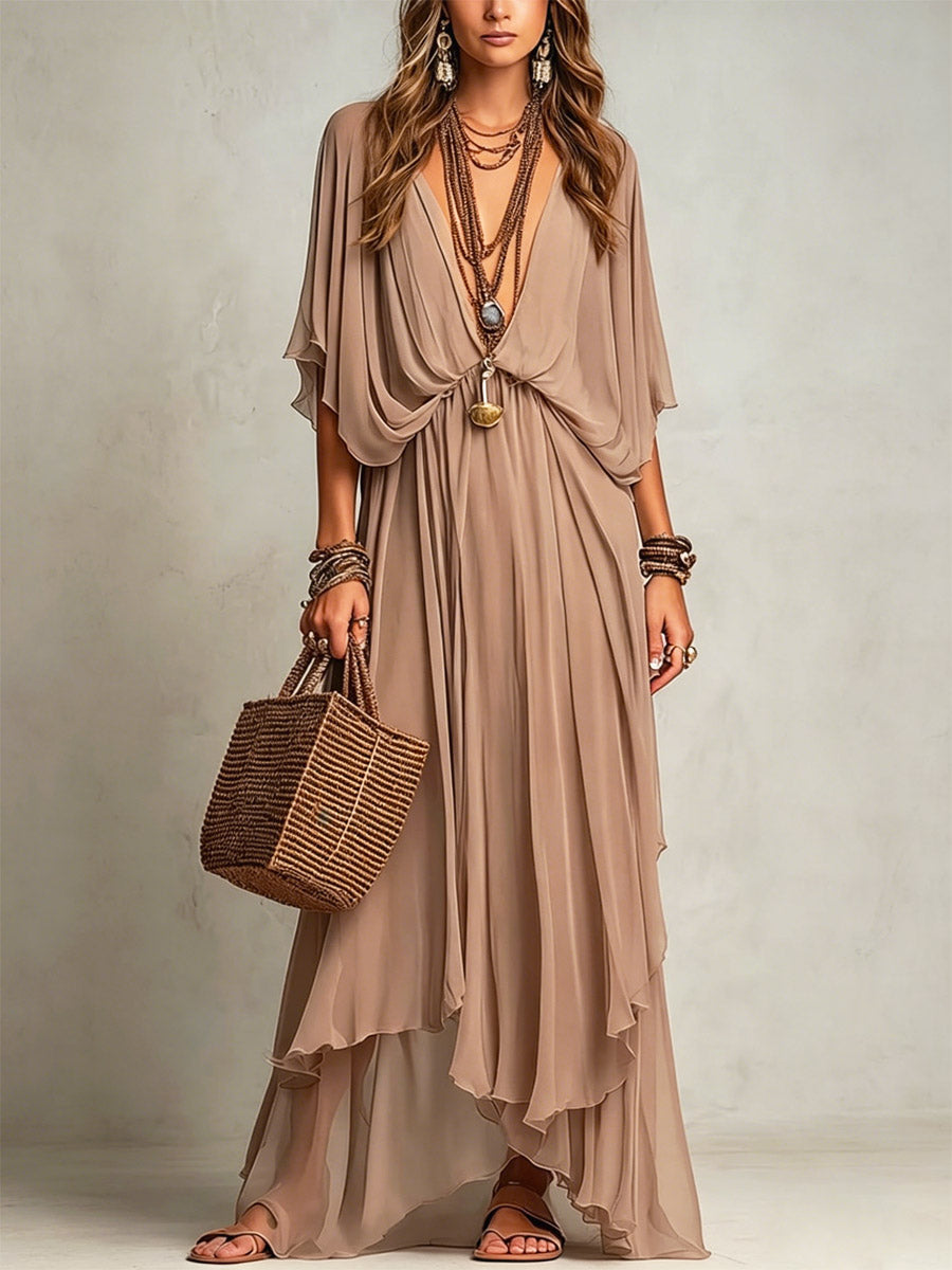 Women's Solid Color Sheer Art Casual Short Sleeve Maxi Dress
