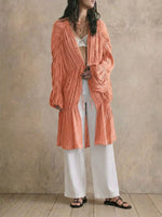 Women Crinkled Textured Open Front Long Cardigan, Drawstring Ruched Balloon Sleeve Ruffle Hem Casual Duster Coat