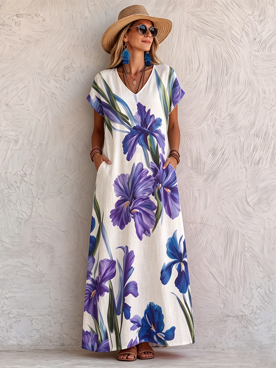 Artistic Watercolor Iris Cotton-linen Vacation Dress