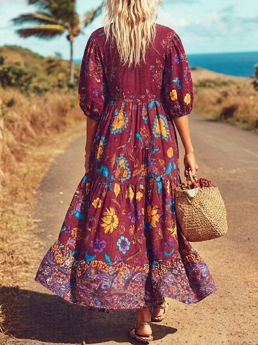 Women's Retro Ethnic Floral Pattern Art Print Casual Cotton Linen Dress