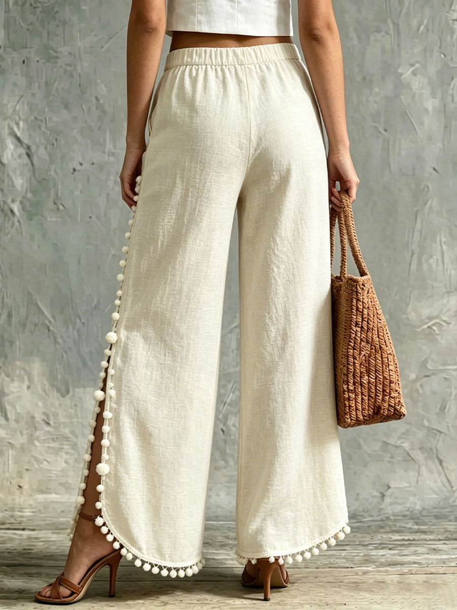 Women's Slits And Pom-poms Casual Wide-leg Trousers