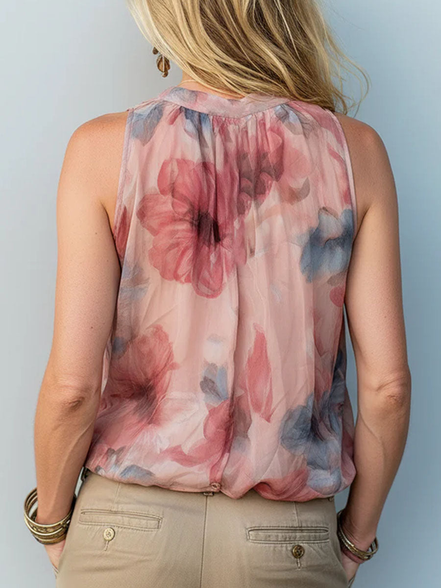 Women's Vintage Print V-neck Sleeveless Casual Loose Chiffon Two-piece Top