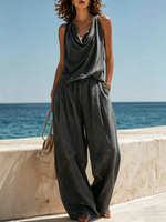 Cowl-neck Sleeveless Top + Wide-leg Trousers Set