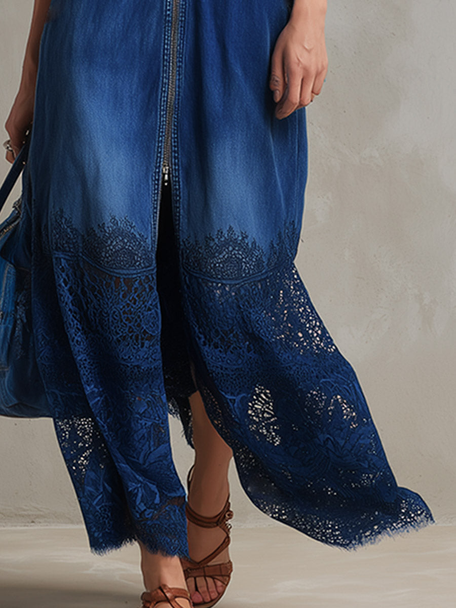 Sleeveless Denim Maxi Dress With Lace Hem