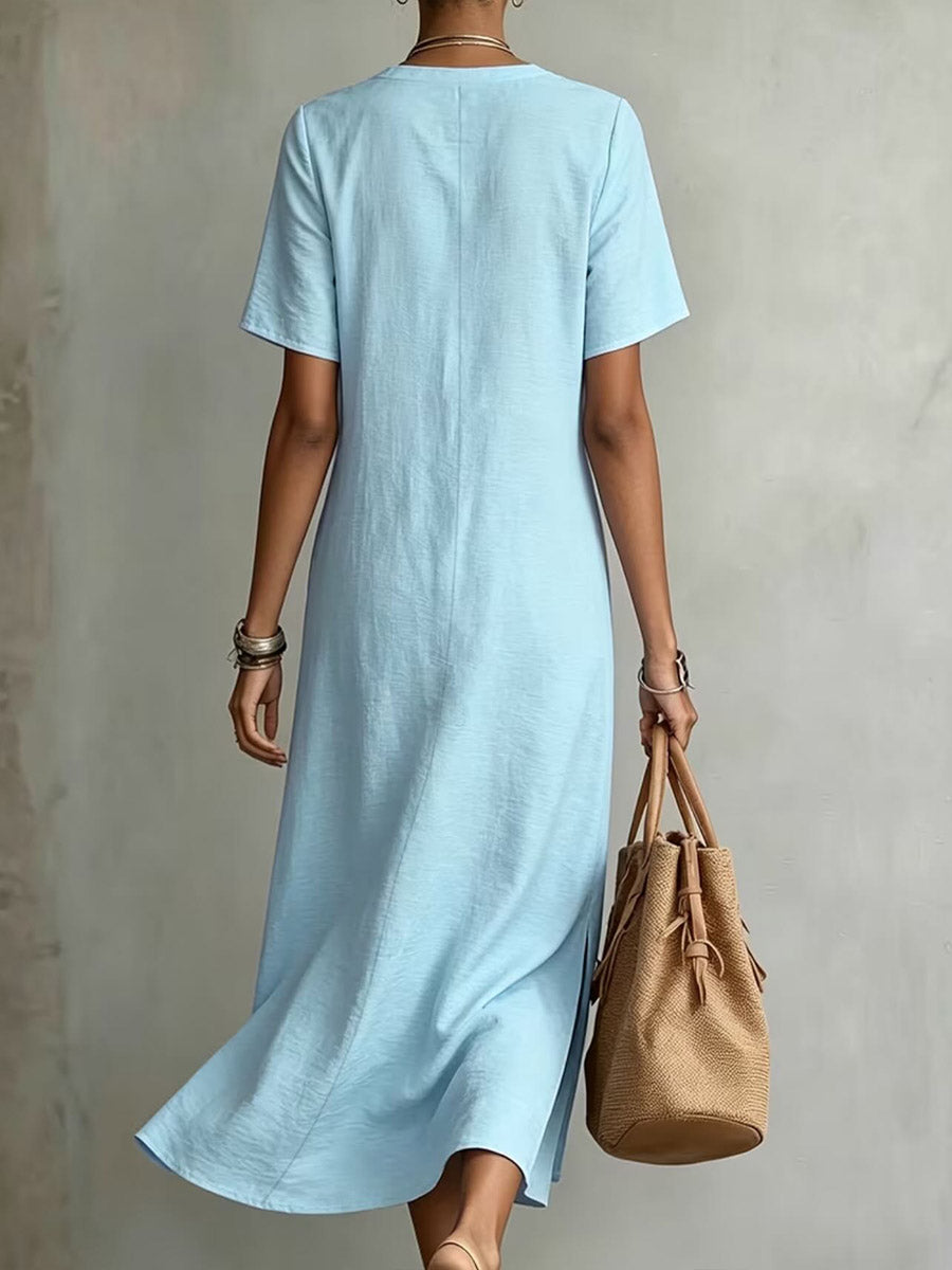 Women's Solid Color V-neck Short-sleeve Casual Loose Cotton-linen Dress
