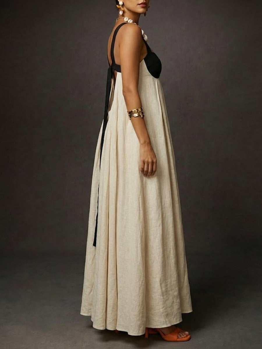 Women's Color-block Design Cotton Linen Maxi Dress