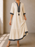 Women's V-neck 3/4-sleeve Casual Loose-fit Cotton-linen Dress