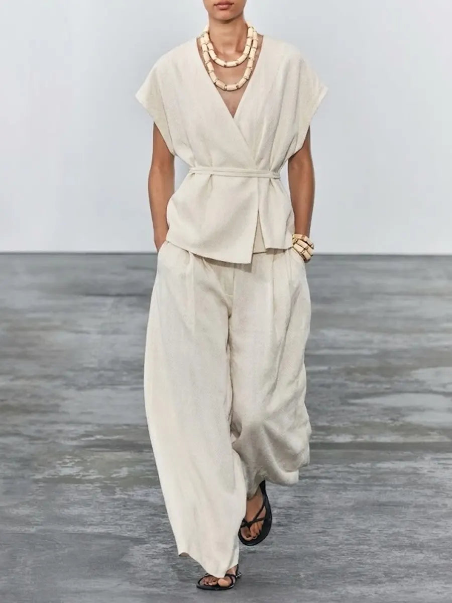 Women's Simple High-end Waist-cinching Cotton And Linen Set