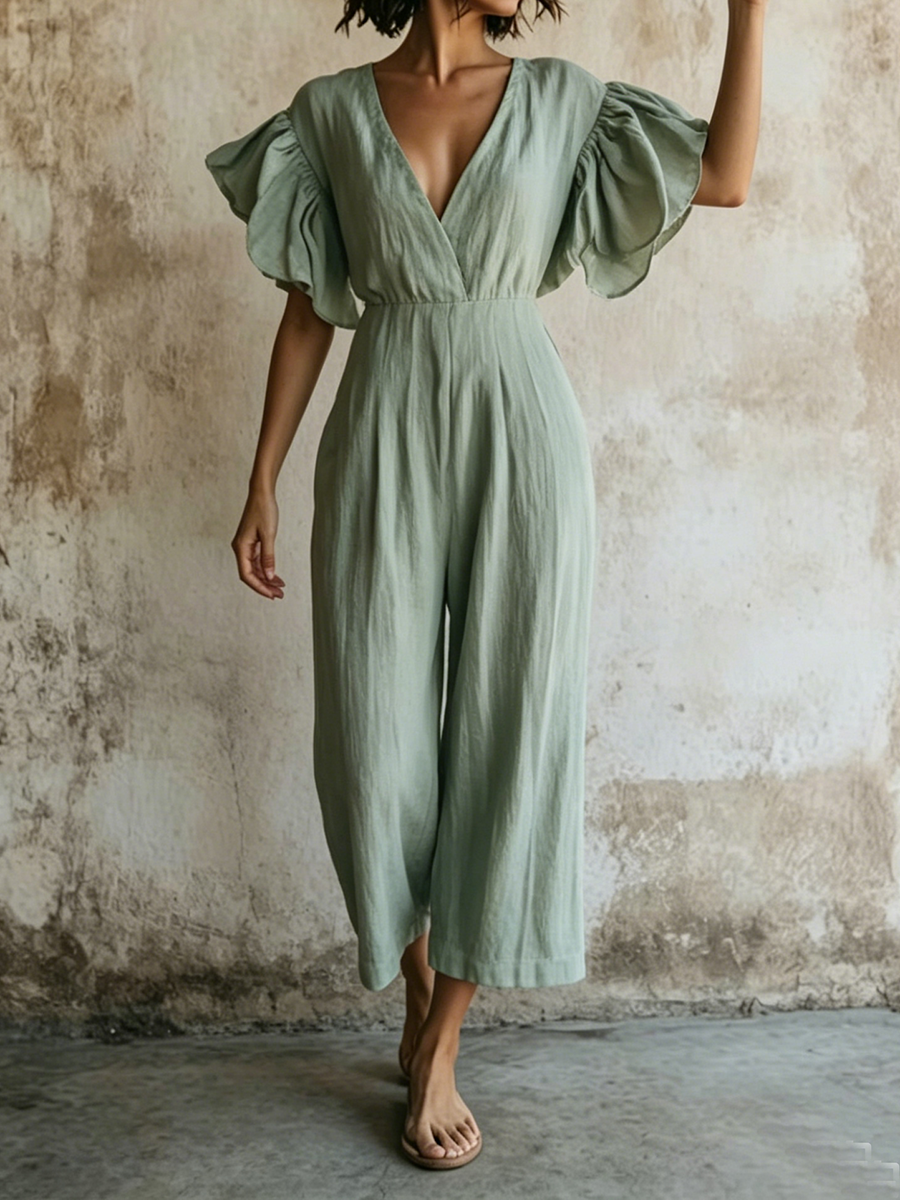 Elegant Ruffled-sleeve V-neck Cotton-linen Wide-leg Jumpsuit