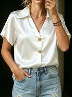 Women's White Satin V-neck Short-sleeve Shirt