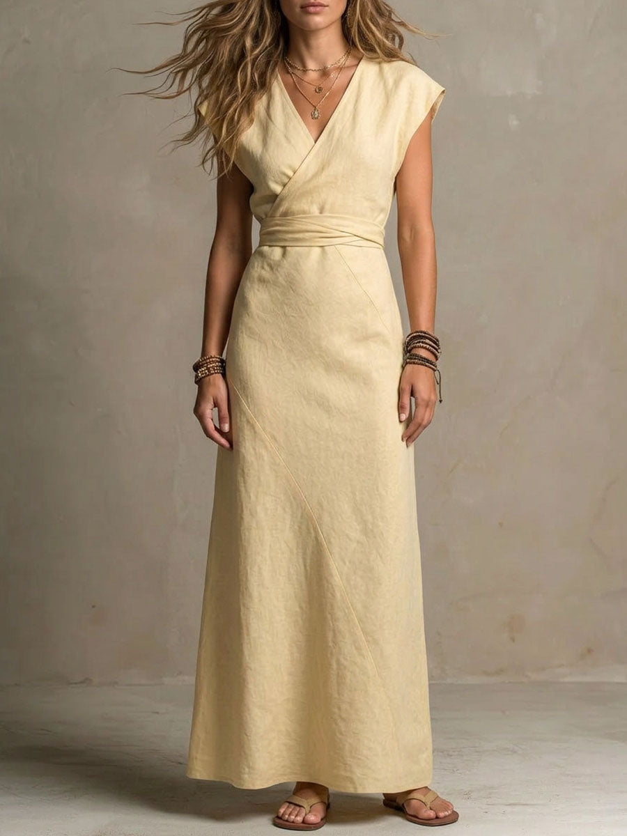Women's V-neck Sleeveless Wrap-style Cotton-linen Dress