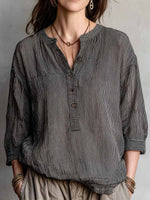 Women's Striped Print V-Neck 3/4-sleeve Casual Loose Cotton-linen Top