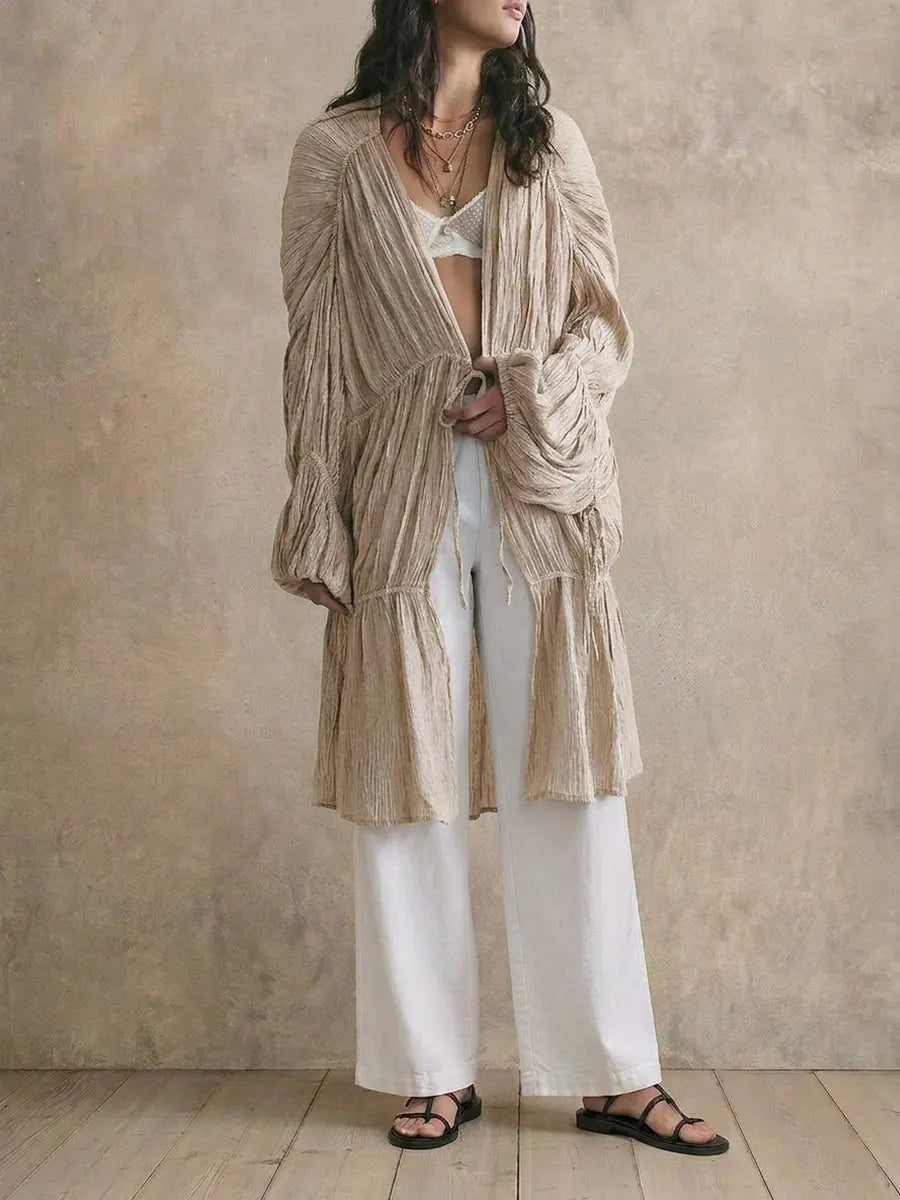 Women Crinkled Textured Open Front Long Cardigan, Drawstring Ruched Balloon Sleeve Ruffle Hem Casual Duster Coat