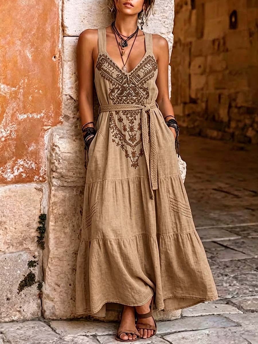 Women's Vintage-style V-neck Sleeveless A-line Dress — Loose-fit Casual Cotton-linen With Placement Print