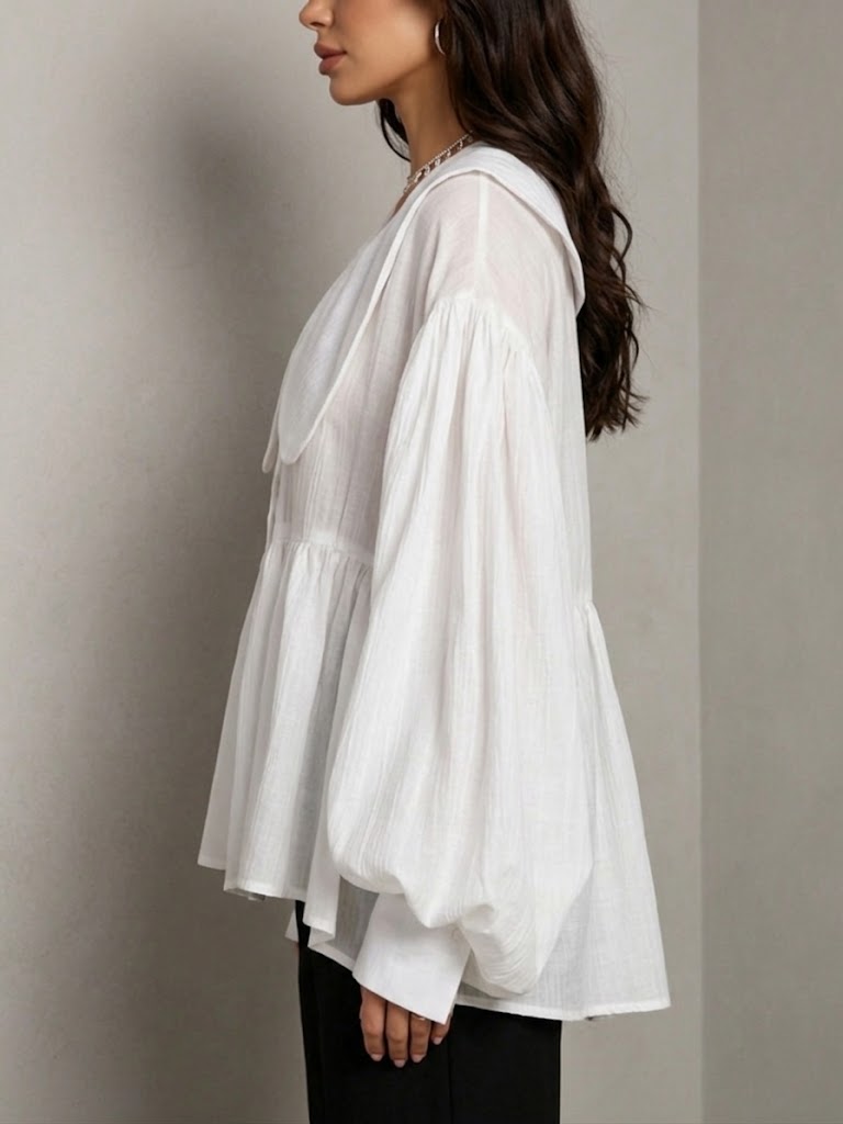 Women's Doll Collar Puff Sleeve Cinched Waist White Shirt