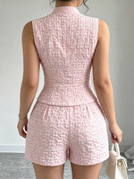 Women's Solid-color Jacquard Sleeveless Vest And Shorts Two-piece Set