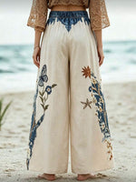 Women's High-waisted Loose-fit Wide-leg Trousers — Casual Cotton-linen Blend With Placement Print