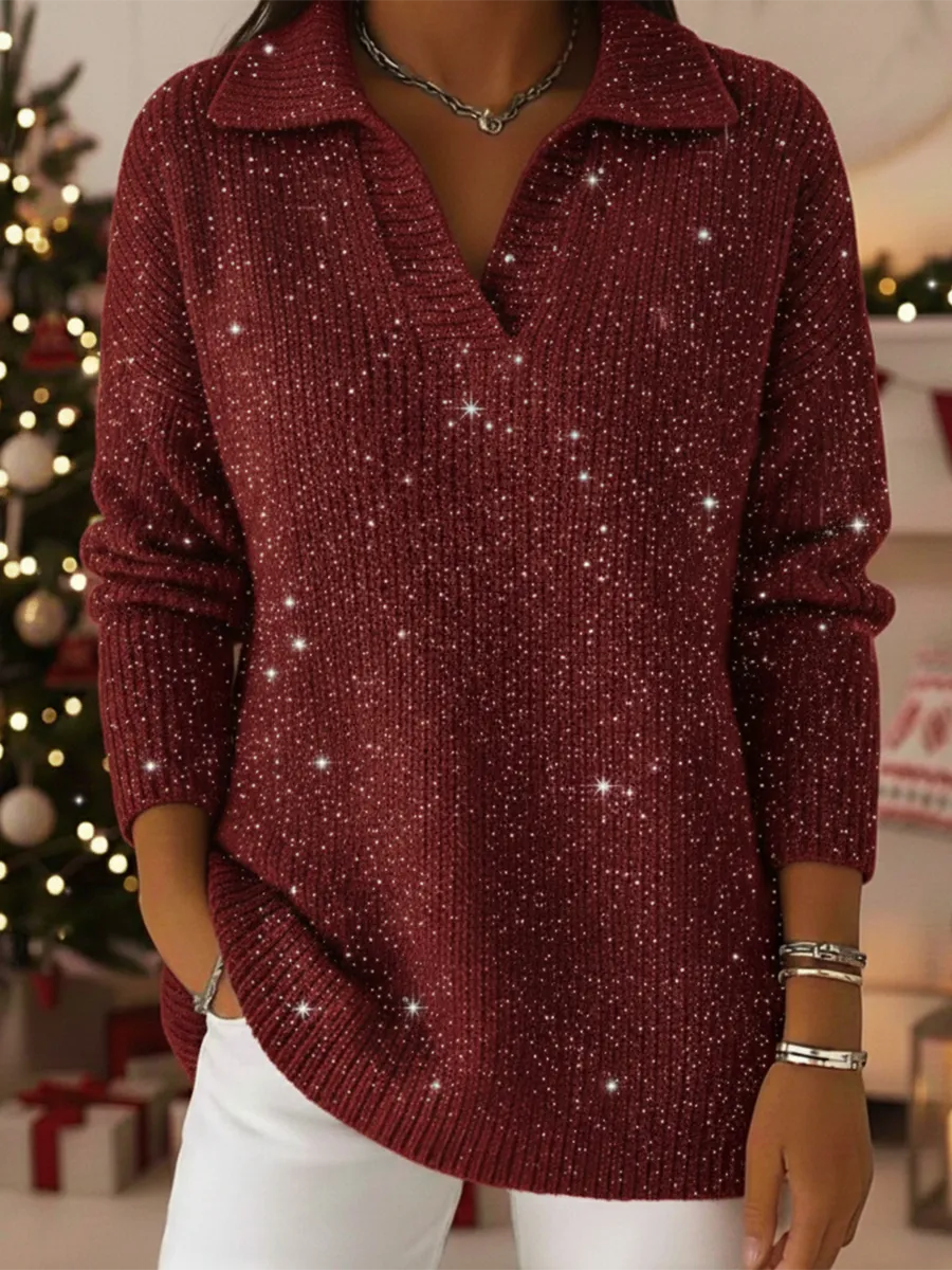 Party Polo Collar Shiny Loose Sweater Top