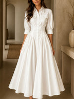 Women's Solid-color A-line Dress — Lapel Collar 3/4 Sleeves Loose-fit Cotton-linen Blend