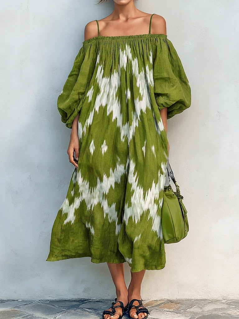 Bohemian Artistic Print Linen And Cotton Strappy Dress