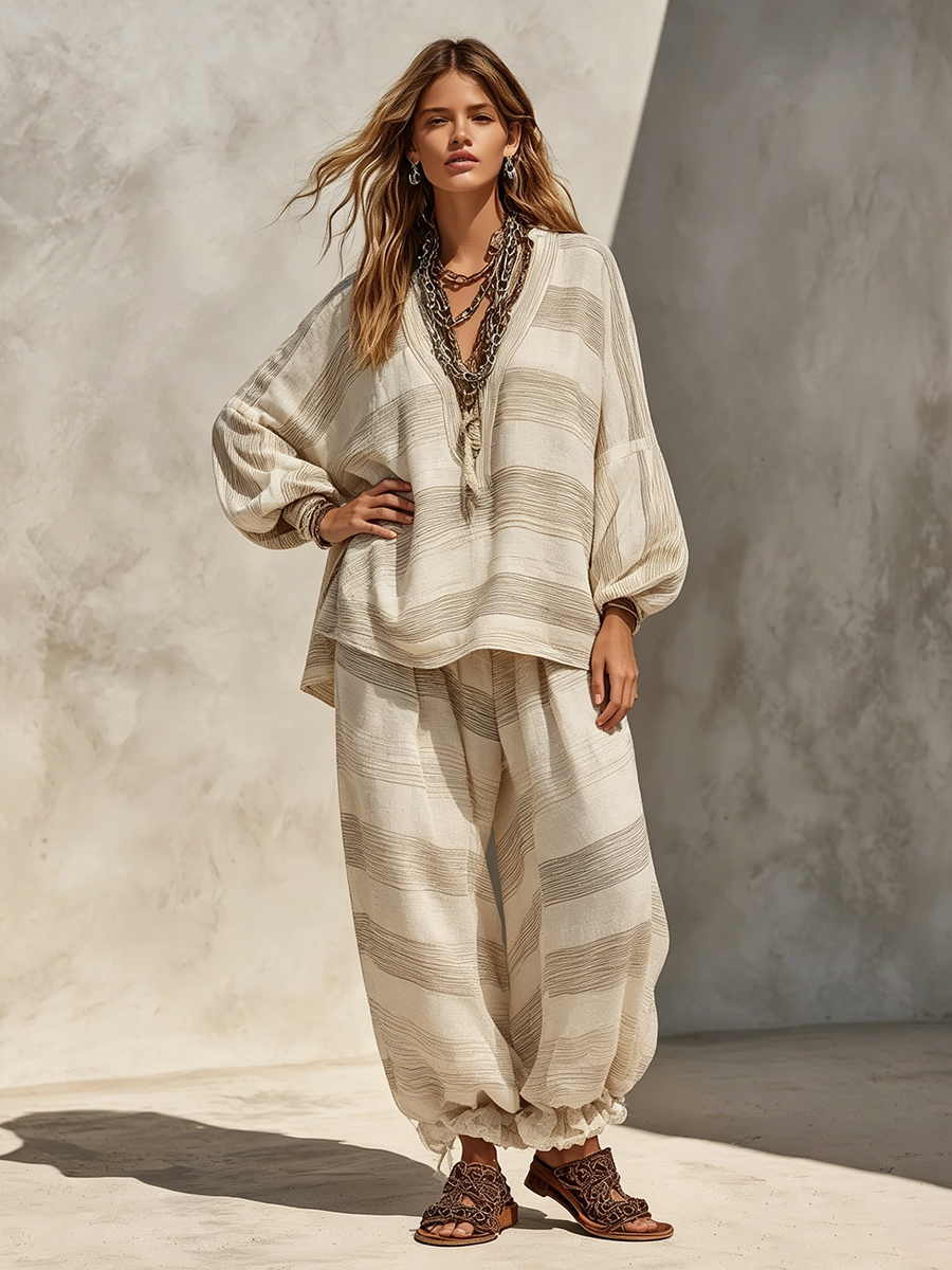 Boho Casual Vacation Style Striped Print Two-piece Set