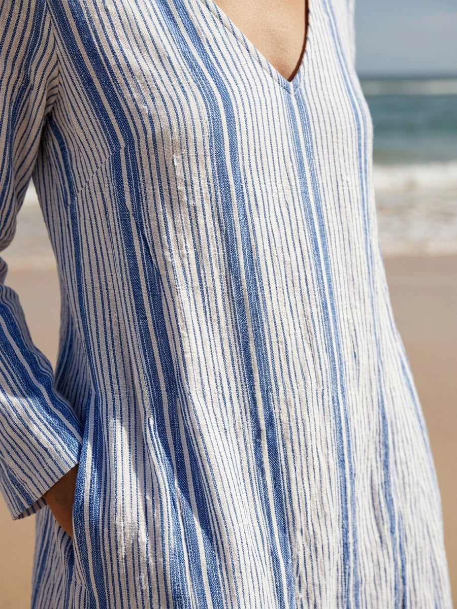 Women's Striped Elegant Art Casual Long Sleeve Cotton Linen Dress