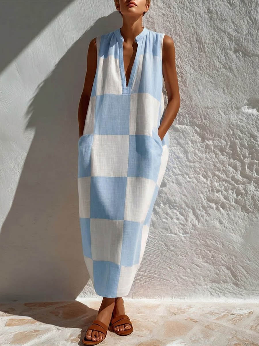 Women's Plaid-print V-neck Sleeveless Casual Loose Cotton-linen Dress