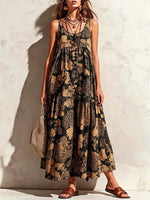 Women's Vintage Print Crew Neck Sleeveless Casual Loose Cotton-linen Dress