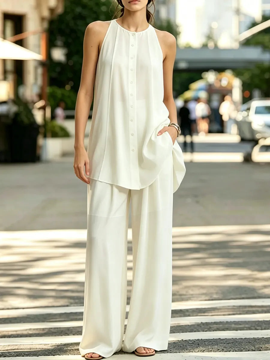 Women QuietFluid Resort Pleated Top & Wide-Leg Pants Set