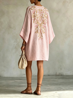 Dreamy Retro Floral Print V-neck Cotton-linen Dress