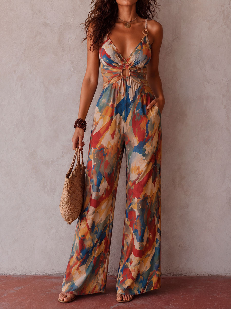 Watercolor Print Cut-out Ring Waist Jumpsuit