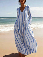 Women's Striped Elegant Art Casual Long Sleeve Cotton Linen Dress