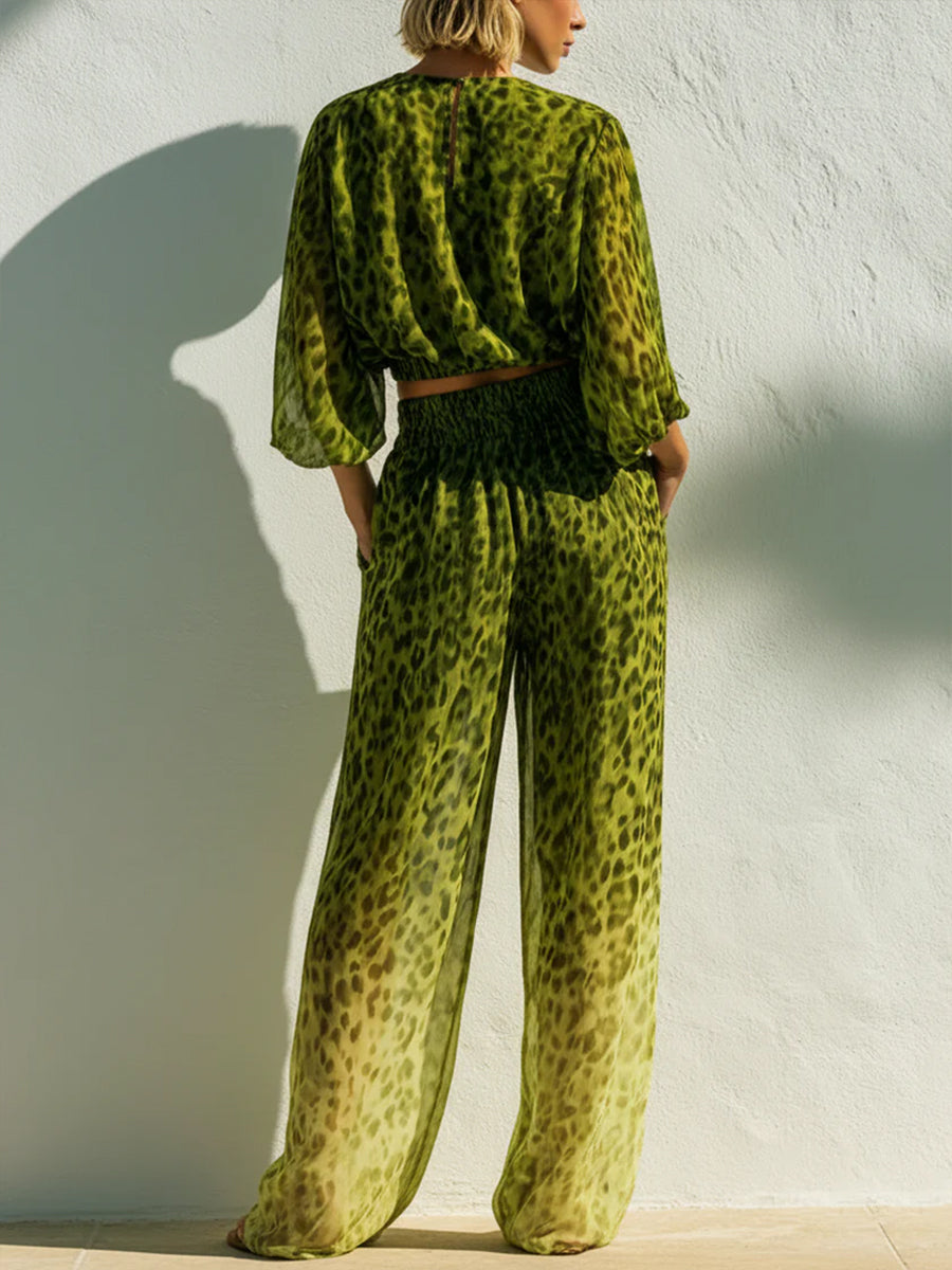 Comfortable Leopard Print Chiffon Top And Pants Two-piece Set
