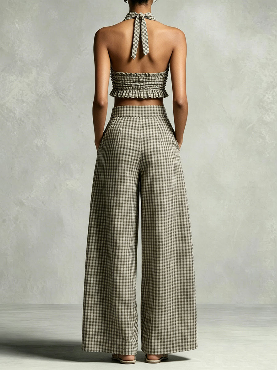 Women's Vintage Plaid Cotton-linen Halter Neck Sleeveless Top And Pants Set