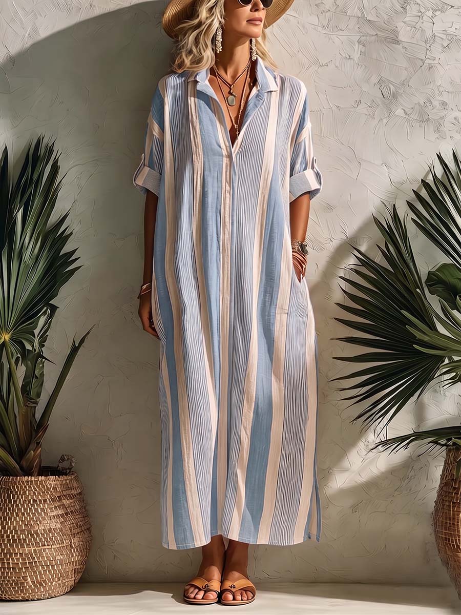 Women's Striped Print Lapel 3/4-sleeve Casual Loose Cotton-linen Dress