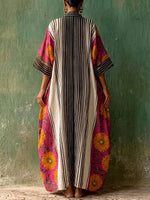 Women's Casual Loose Cotton-linen Dress With Placement Print V-neck And 3/4 Sleeves