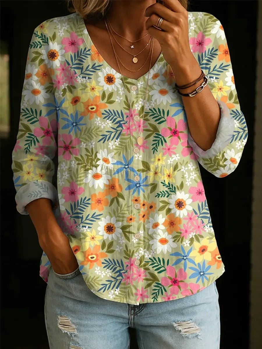 Women's Floral Pattern Art Print Casual Cotton Linen Shirt